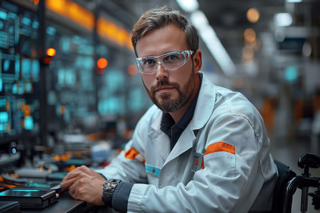 A male engineer sits in a wheelchair, works at a computer in production.の素材