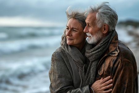 An elderly couple in love hugs each other on the seashore.の素材