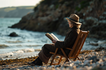 A mature woman sits on a sun lounger by the sea and reads a book.の素材