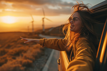 A joyful woman looks at wind generators and the sunset from a car window. Ecological concept.の素材