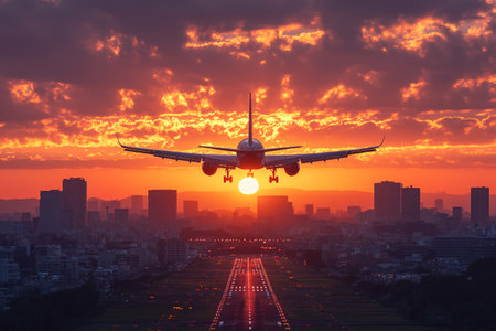 Silhouette of an airplane flying into the sky above the city.の素材