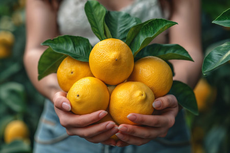 Hands of a woman holding lemons in the garden. Close-up.の素材