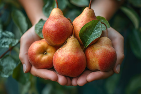 Hands of a woman holding pears in the garden. Close-up.の素材