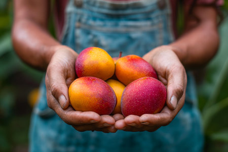 Hands of a woman holding a mango in the garden. Close-up.の素材