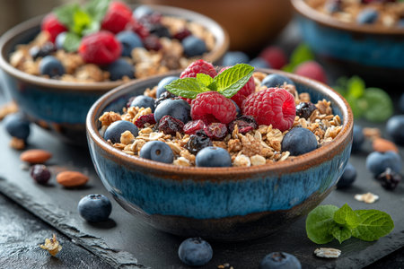 Bowls of granola- blueberries- black chia seeds. Close-up.の素材