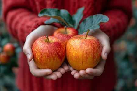 Hands of a woman holding apples in the garden. Close-up.の素材
