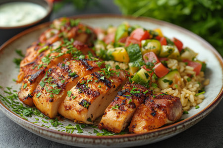 Cajun chicken with bacon, zucchini, lemon, rice and yogurt sauce. Close-up.の素材
