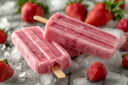 Homemade strawberry ice pops lying on marble surface. Close-up.の素材