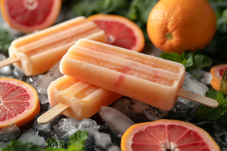 Ice lollies with blood orange and orange ice cream. Close-up.の素材