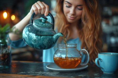 Young woman pouring tea in cup at home. Close-up.の素材