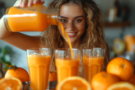 Woman pouring freshly squeezed orange juice into. Close-up.の素材