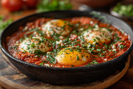 Eggs baked in a spicy tomato sauce, sprinkled with parsley and Parmesan. Close-upの素材