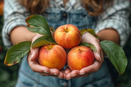 Hands of a woman holding nectarines in the garden. Close-up.の素材