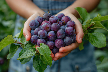 Hands of a woman holding plums in the garden. Close-up.の素材