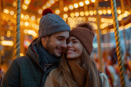 Affectionate young tourist couple at an illuminated carousel in the city at dusk.の素材