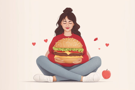 Beautiful young woman eating a big hamburger. Close-up.の素材