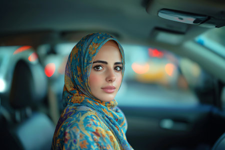 Arab woman looking away while sitting in car.の素材