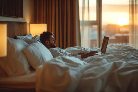 Businessman lying on bed in hotel room using laptop.の素材