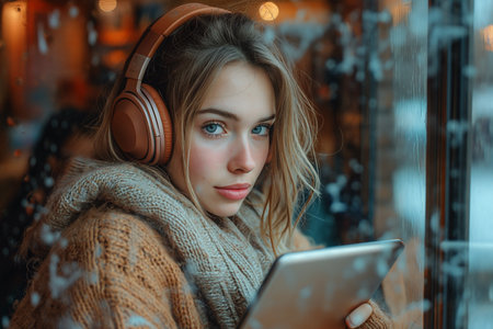 A young woman with wireless headphones using a tablet listens to music.の素材