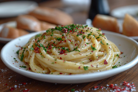 Plate of Bucatini Carbonara. Close-up.の素材