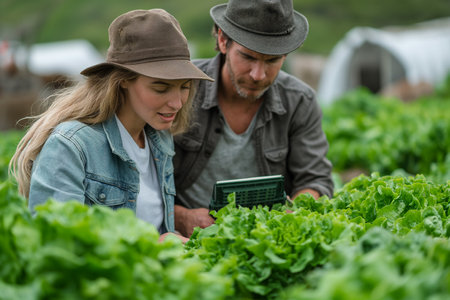 Man and woman examining lettuce in field. Agricultural concept.の素材