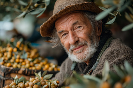 Senior man harvesting olives in orchard. Agricultural concept.の素材