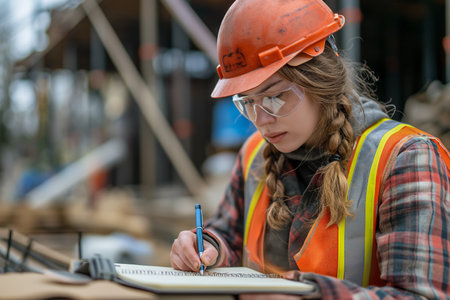 A woman in a hard hat and reflective vest at a construction site writes in a notepad. Industrial concept.の素材