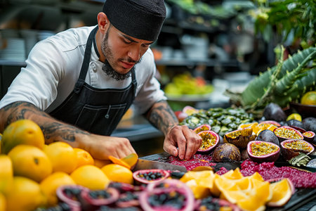 Photo pour Person preparing healthy fruit- slicing passion fruits and aloe vera. - image libre de droit