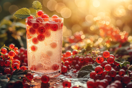 A red currant spritzer stands on the table in a glass glass. Close-up.の素材
