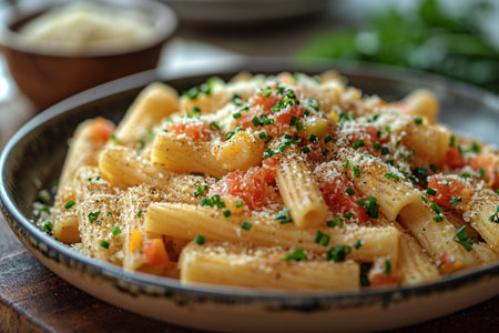 Schupfnudeln with zucchini, leek, tomato and cheese. Close-up.の素材