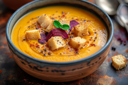 A studio shot of a plate of finished pumpkin soup. Close-up.の素材