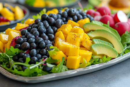 Platter of rocket salad with mango, avocado, red radishes and blueberries. Close-up.の素材
