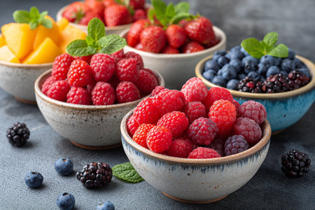 Bowls of raspberries, blueberries and blackberries are on the table. Close-up.の素材