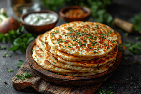Rye and turnip pancakes with sour cream and yogurt sauce. Close-up.の素材