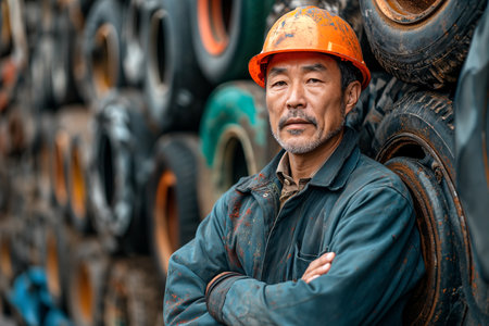 Man wearing hardhat standing with arms crossed in front of rubber tires at recycling plant. Recycle concept.の素材