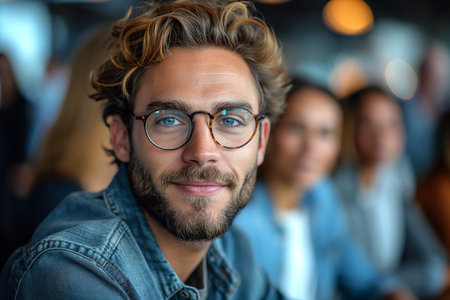 Young businessman wearing eyeglasses sitting by colleagues at conference table in board room. Business concept.の素材