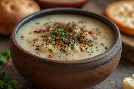 Studio shot of bowl of ready to eat vegan coconut soup. Close-up.の素材