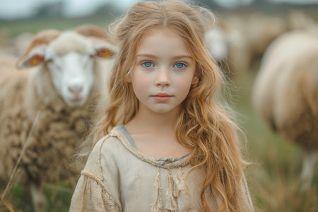 Cute girl standing with sheep on green grass at field.の素材