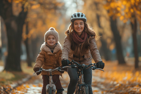 Mother and little daughter pushing bicycles in the city park.の素材