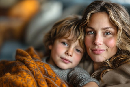 Mom hugs her son, close-up portrait.の素材