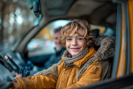 A smiling son looks out the car window while driving with his father.の素材