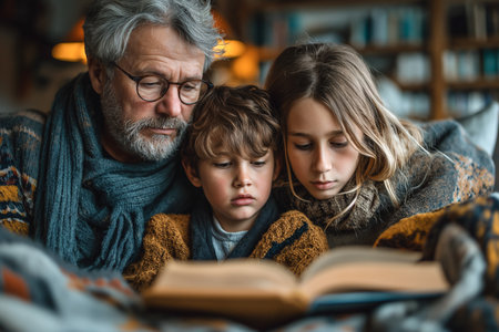 Father reading a book to his daughter at home. Education conceptの素材