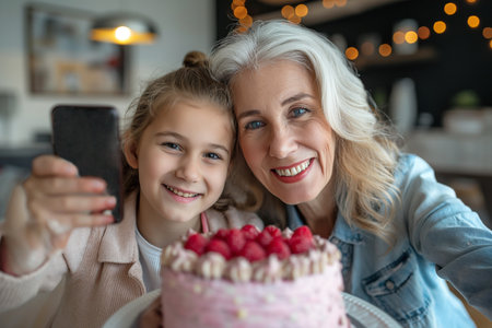 Happy mature woman and daughter take a selfie through a smartphone at home against the background of a cake.の素材