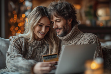 Happy woman embracing man with credit card doing online shopping through tablet pc at home.の素材
