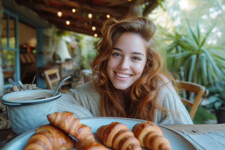 Happy woman taking selfie of croissants on table.の素材