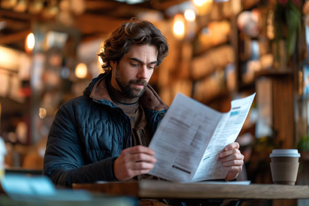 Man drinking hot drink from reusable cup while reading documents in a cafe.の素材