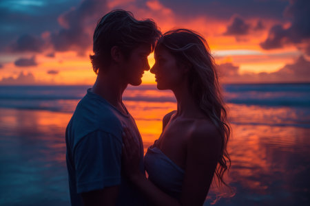 Man with arm around woman looking at sunset on beach.の素材