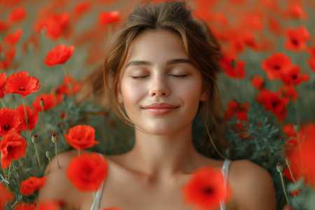 Happy woman with closed eyes sitting among red poppies in a field.の素材