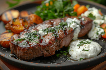 Lamb fillet with mint yoghurt on table. Close-up.の素材