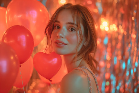Happy woman holding heart shaped balloons. Close-upの素材